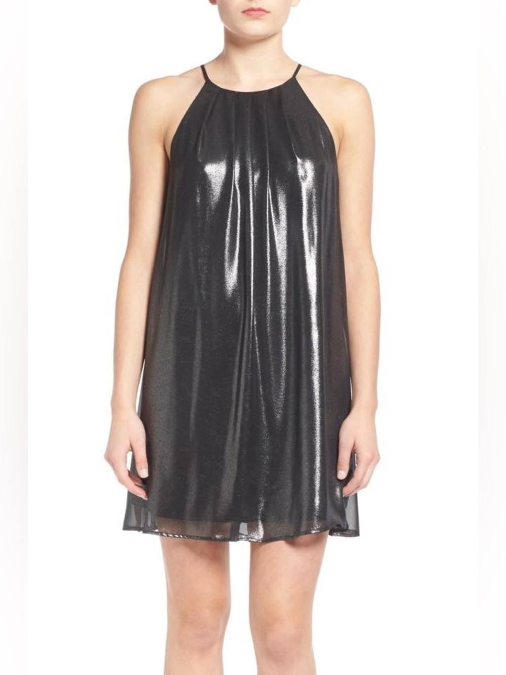 NWT Lush Metallic Black Halter Trapeze Mini Dress—Size Medium
